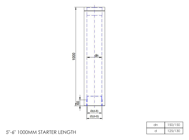 Twin Wall Starter Length with Increasing Adapter 1000mm 5-6 Inch SS