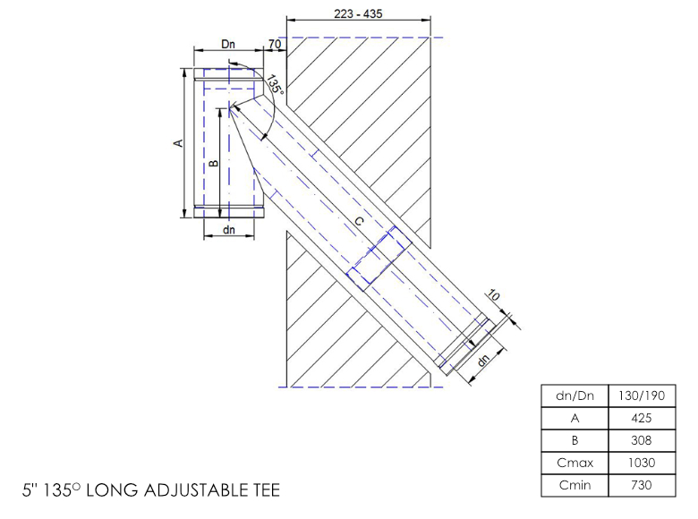 Twin Wall Long Adjustable Tee with Soot Collector 135° 5 Inch SS
