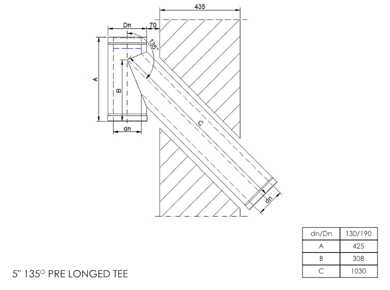 Twin Wall Long Tee with Soot Collector 135° 5 Inch SS