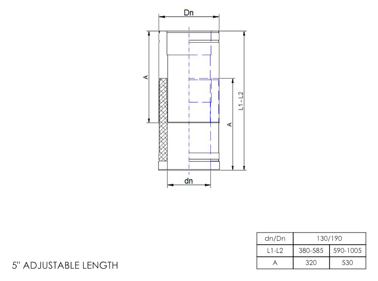 Twin Wall Adjustable Length 380-585mm 5 Inch SS