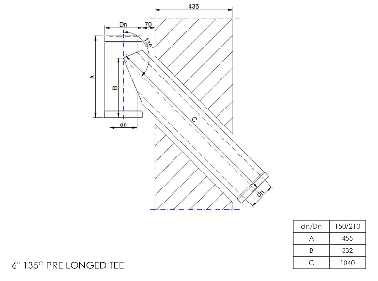 Twin Wall Long Tee with Soot Collector 135° 6 Inch SS