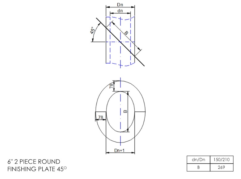 Twin Wall 2 Part Oval Finishing Plate 45° 6 Inch MB 0.4mm Galvanised