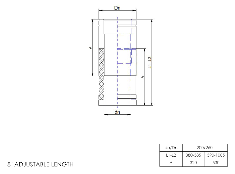 Twin Wall Adjustable Length 590-1005mm 8 Inch SS