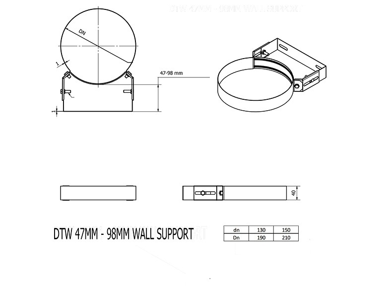 DTW 47 - 98mm Adjustable Wall Bracket 6 Inch SS